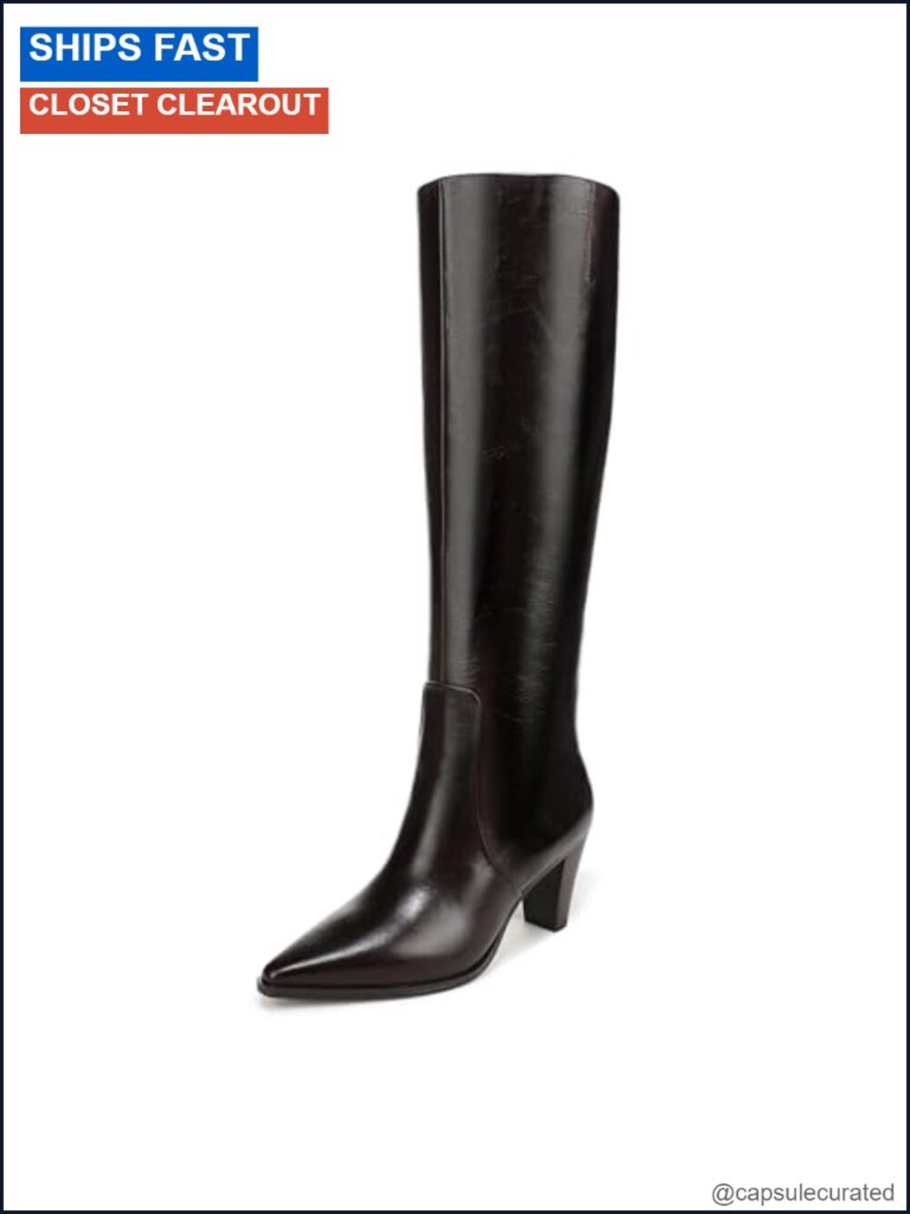 Leather Mid-Calf Boots Pointed Toe Flare Heel Side Zip